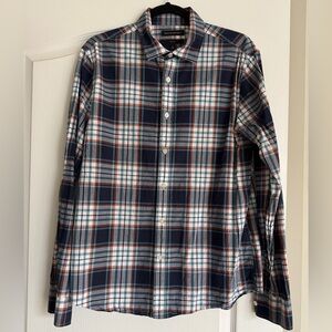 Banana Republic Men's Plaid Shirt - Navy, Orange, and White